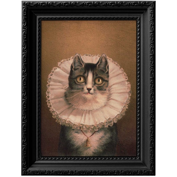 Cat wearing a bell and victorian neck ruff collar, quirky rustic home decor, victorian cat lover gift, cat art poster print 0124