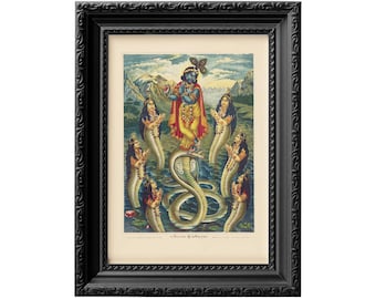 Dieu hindou Krishna, triomphant d'un roi serpent de rivière Kaliya - Reproduction d'impression lithographique du Bengale du XIXe siècle, décor spirituel hindou 0105