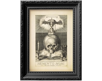 Memento Mori crâne et sablier estampe de reproduction de gravure du 17e siècle. Affiche vintage sans cadre, retouchée numériquement 0015