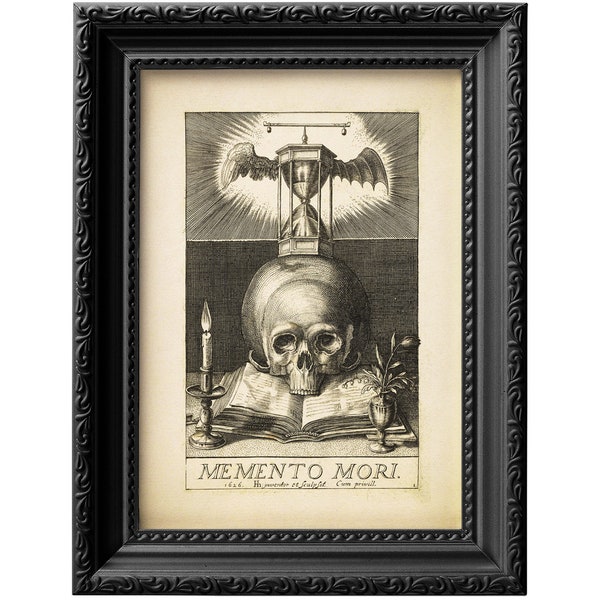 Memento Mori skull and hourglass 17th century engraving reproduction print. Digitally enhanced unframed vintage poster wall art 0015