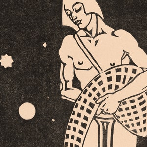 May include: A black and white illustration of a person holding a basket with a checkered pattern. The person is standing against a dark background with white stars.