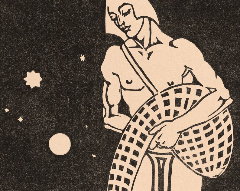 May include: A black and white illustration of a person holding a basket with a checkered pattern. The person is standing against a dark background with white stars.