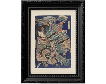 Two Japanese Samurai warriors fighting to the last blood. 19th century Japanese wall art color woodcut print reproduction 0123