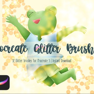 Peut inclure: Une grenouille verte portant une chemise bleue et un short jaune saute devant un fond jaune et blanc avec le texte "procreate glitter brushes" et "32 Glitter brushes for Procreate 5 | Instant Download".