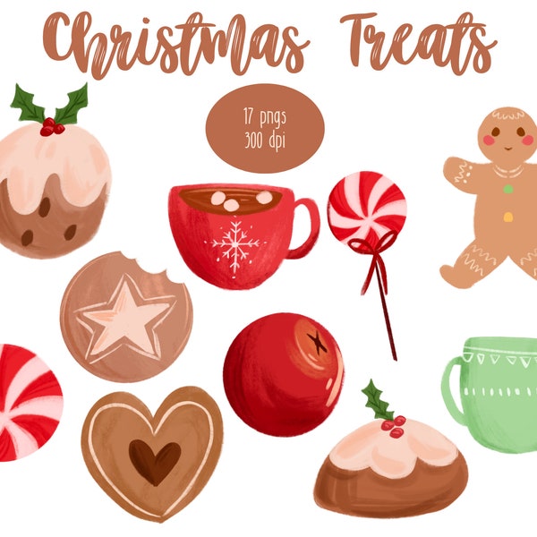 Christmas Treats Clipart, Xmas card printable, Cute food clipart, GoodNotes Christmas stickers, Gingerbread clipart