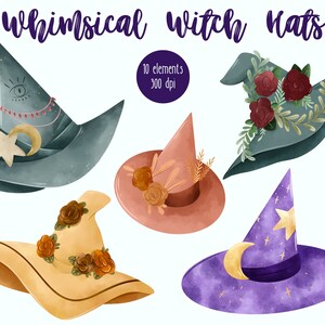 Peut inclure: Quatre chapeaux de sorcière fantaisistes avec des designs différents. Les chapeaux sont décorés d'étoiles, de lunes, de fleurs et de feuilles. Les chapeaux sont peints dans un style aquarelle.