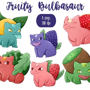 Clipart, 8 Fruity Bulbasaur | Cute, summer, fruit clipart design | GoodNotes stickers, Twitch overlay, Sublimation, Party