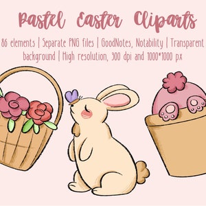 Peut inclure: Un ensemble d'illustrations de Pâques pastel comprenant un panier de fleurs roses, un lapin blanc avec un papillon et un cornet de glace rose dans un pot brun.