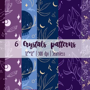 Peut inclure: Six motifs de papier numérique sans couture représentant des cristaux, des étoiles, des lunes et des feuilles dans des tons de violet, bleu et or. Les motifs mesurent 30,48 cm sur 30,48 cm et 300 dpi.