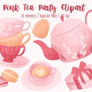 Peut inclure: Clipart de fête du thé rose avec 20 éléments. Le clipart comprend une théière rose, des tasses à thé, des soucoupes, des macarons et une boîte cadeau avec un nœud rose. Le clipart est parfait pour ajouter une touche de fantaisie à vos projets.