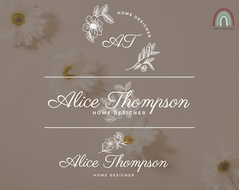 Floral Logo Brand Kit | Custom Premade Logo Design Template for Business, Blog, Coach, Brand Board, DIY Logo, Business Card, hand drawn