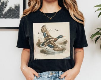Comfort Colors Flying Duck T-Shirt, Vintage Waterfowl Graphic Tee, Mallard Bird Hunter Gift, Nature Lover Outdoors Wildlife Shirt