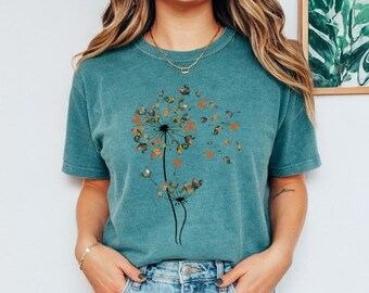 Comfort Colors Dandelion Butterfly T-Shirt, Flying Graphic Tee, Nature Lover Gift, Cute Women's Vintage Aesthetic Style, Boho