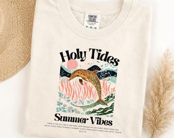 Comfort Colors Holy Tides Summer Vibes dolphin t-shirt, beach graphic tee, ocean lover shirt, Christian summer apparel, coastal vacation top