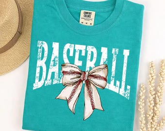 Comfort Colors Baseball Bow T-shirt, Game Day Mom Tee, Cute Distressed Fan Apparel, Vintage Softball Lover Gift for Her