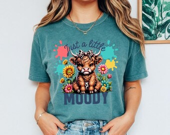 Comfort Colors Moody Highland Cow Tshirt, Cute Floral Farm Animal Tee, Grumpy Scottish Cattle Gift, Paint Splatter Boho Shirt for Her, Cow