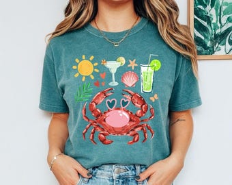Comfort Colors Funny Crab Heart Sunglasses T-Shirt, Cute Beach Party Summer Vacation Gift, Tropical Sea Life Tee