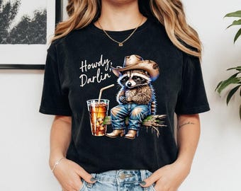 Comfort Colors tshirt, Howdy Darlin' Raccoon Cowboy, Western Country Southern Graphic Tee, Vintage Wash Cute Animal Lover Gift Idea