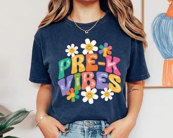 Comfort Colors Pre-K Vibes Tshirt, Groovy First Day School, Back to School Teacher Student Gift, Retro Flower Daisy Tee, Preschool