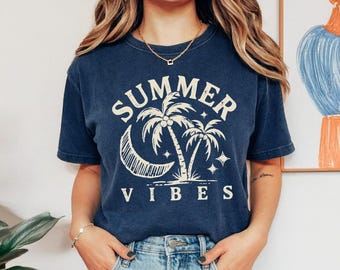 Comfort Colors Summer Vibes Tshirt, Aesthetic Palm Tree Moon Stars Graphic Tee, Boho Beach Vacation Shirt, Tropical Good Vibes Top
