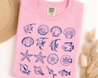 Comfort Colors tshirt, Sea Life Graphic Tee, Ocean Beach Coastal Design, Fish Seashell Starfish Art, Vintage Aesthetic, Summer Vacation Gift