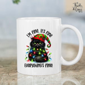 Everything's Fine Mug, Cat Tangled In Christmas Lights Graphic