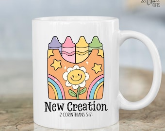New Creation Bible Verse Mug, Retro Crayons Graphic, 2 Corinthians 5:17, Baptism Gift