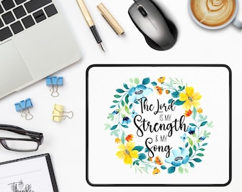 The Lord Is My Strength-muismat, blauwe en gele bloemenlijstafbeelding