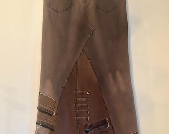 Upcycled free people patched post Apocalyptic dystopian brown denim maxi skirt