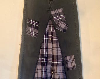 Upcycled free people denim jean and plaid flannel button down maxi skirt