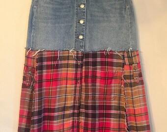 Upcycled denim and flannel button down shirt skirt