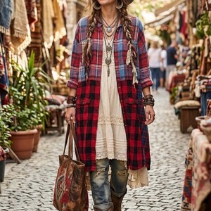May include: A long-sleeved plaid shirt in red, blue, and black worn over a cream-colored lace-trimmed dress and distressed blue jeans. The outfit includes a wide-brimmed hat, layered necklaces, stacked bracelets, brown leather boots, and a leather tote bag.
