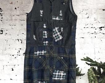 Upcycled flannel and distressed denim patched fringe back vest