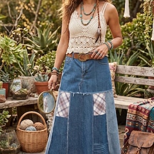 Retro stil med Levis midi maxi jeanskjol i återvunnet denim och flanellpatchwork