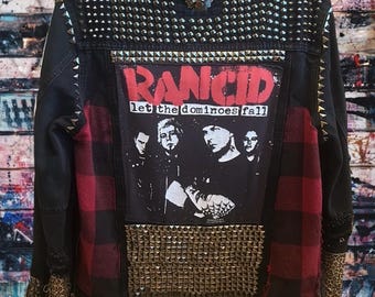 Upcycled hand studded pinned and patched punk rock rancid distressed jean jacket