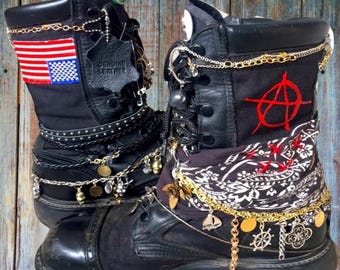 Buty motocyklowe męskie w stylu punk rock army combat, zdobione, z recyklingu, rozmiar 8