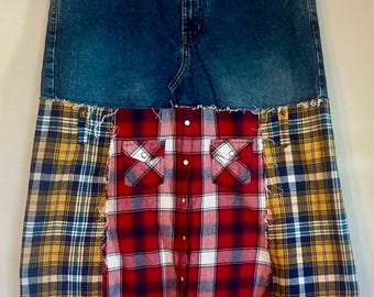 Upcycled denim and flannel shirt skirt