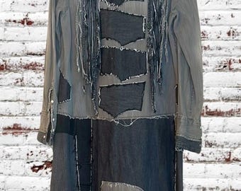 Upcycled tattered and ragged patched up denim duster