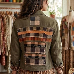 Upcycled plaid patched olive green dystopian post Apocalyptic boho jacket
