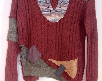 Upcycled zombie apocalypse tattered and patched sweater