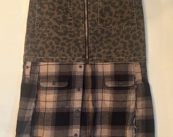 Upcycled leopard print zip up flannel button down shirt skirt