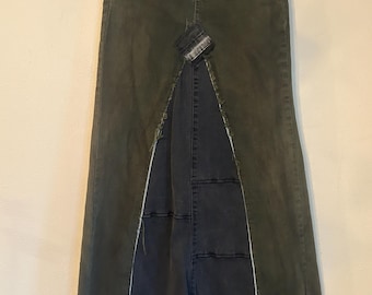 Upcycled free people olive green patchwork denim maxi skirt