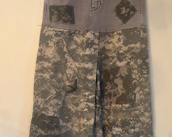 Upcycled hollister denim and digital camouflage maxi asymmetrical length skirt