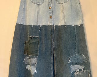 Upcycled boho hippie patched brandy Melville front slit denim jean skirt