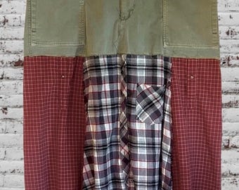 Upcycled cargo and pieced flannel shirt skirt