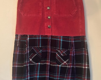 Upcycled pink corduroy and button down flannel shirt skirt