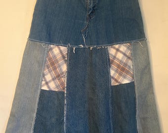 Upcycled denim and flannel patchwork retro style levis midi maxi denim jean skirt