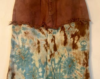 Upcycled pacsun brown denim vintage tie dye midi skirt
