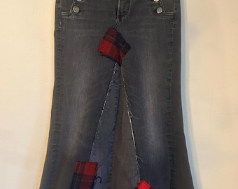 Upcycled express charcoal denim and plaid pirate style maxi skirt
