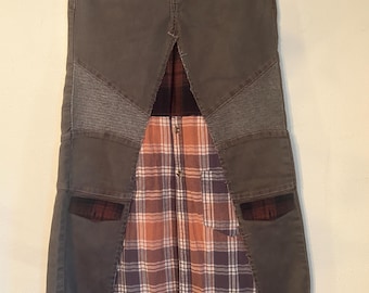 Upcycled free people moto denim jean and plaid button down skirt